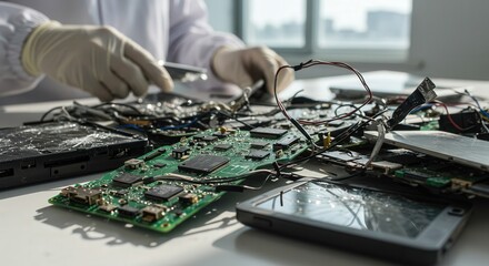 Obraz premium Technician disassembling circuit boards and electronic devices on table 