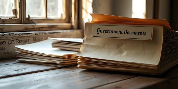 Old files labeled "Government Documents", wooden table by rustic window, sunlight illuminating paper textures, historical archive feeling. - Powered by Adobe
