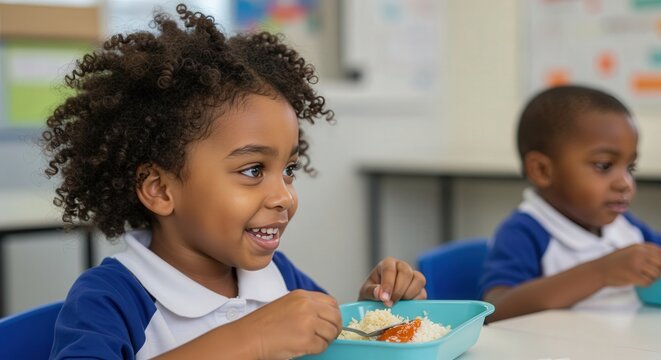 Young black girl smiling while eating in classroom at lunchtime  