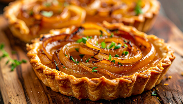 Golden caramelized onion tart on rustic wooden board in macro close-up