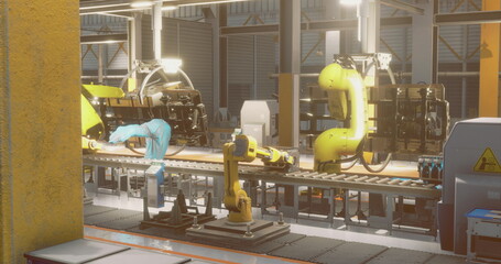 Two robotic arms engage in precise tasks on an assembly line, showcasing innovation in industrial automation. Bright lights illuminate the modern workspace filled with machinery.