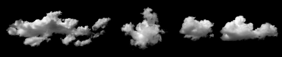 Set of white clouds isolated on a black background, perfect for sky design, atmosphere effect, fantasy artwork, weather concept, dream theme, and natural environment composition.