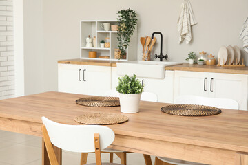 Wooden dining table with houseplant and wicker mats in stylish kitchen