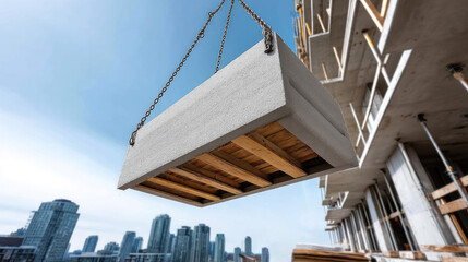 Side view construction crane lifting concrete block with wooden pallet at building site, urban cityscape background