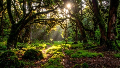 Sunlight pierces the canopy in a lush, mossy, forest path
