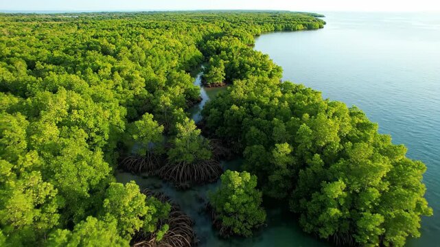 Aerial drone view slowly panning across a lush green mangrove forest coastline, revealing unique natural patterns and textures intertidal, conservation, nature