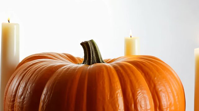 Three sequential frames depict a vibrant orange pumpkin surrounded by glowing candles, showcasing a gradual zoom in on the scene's warm ambiance and festive atmosphere
