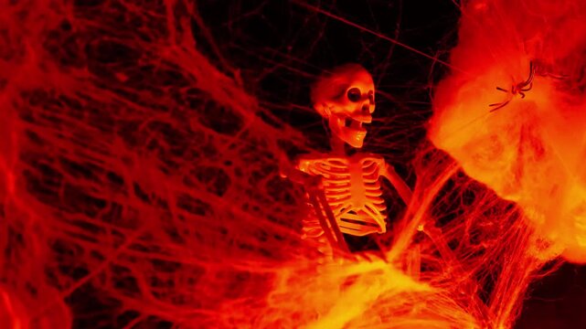 Creepy Halloween Decor. Skeleton silhouette in thin threads of web. 4k footage