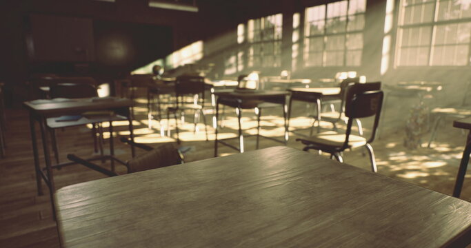 The setting showcases a classroom filled with wooden desks, bathed in warm sunlight. Rays filter through the windows, creating an inviting atmosphere for learning.
