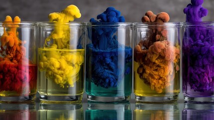 Five colorful liquids in glass cups blending in water creative visual effect of color explosion experiment