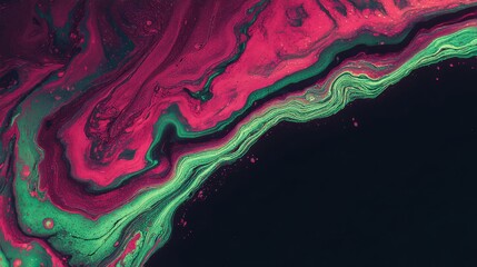 Dynamic interplay of crimson rose and vibrant emerald green in fluid abstract art with dark backdrop