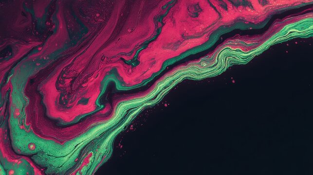 Dynamic interplay of crimson rose and vibrant emerald green in fluid abstract art with dark backdrop