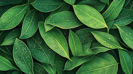 Fototapeta premium Vibrant lush green leaves glisten with fresh dew drops, showcasing nature's intricate beauty and serene freshness