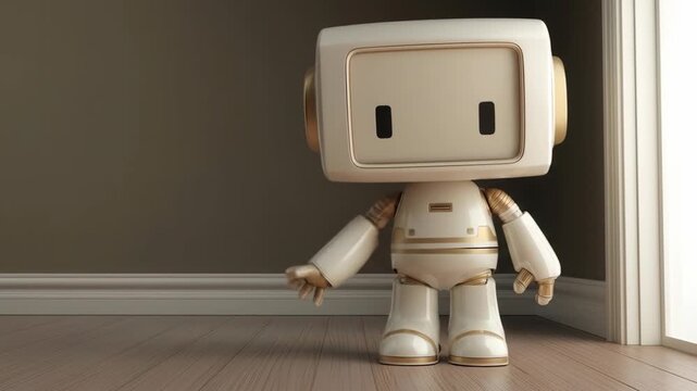 Adorable retro robot waves hello while standing in a room.