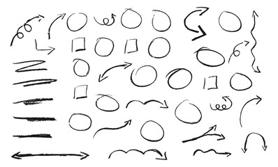 Arrow line pencil and brush mark drawn by hand with crayon and chalk. Marker sketch stroke texture. Doodle circle and curve shape element in kid design. Scribble underline and rough icon background.