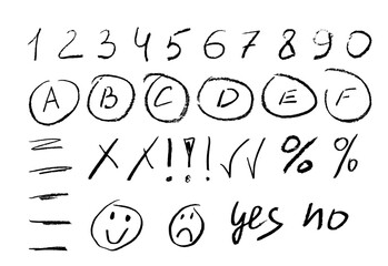 Crayon line grade mark. Handwriting pencil check score for exam with wrong and good sign in circle. School kids grading and teacher scribble to underline word on paper design. Tick and cross doodle.