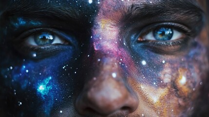 Naklejka premium Mesmerizing close-up of a human face adorned with vibrant cosmic nebulae and sparkling stars, evoking wonder and infinite possibilities.