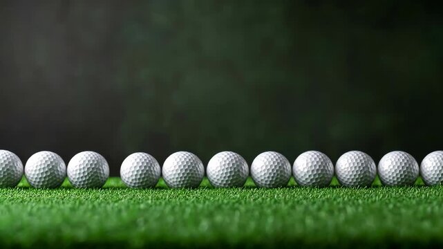 Row of golf balls on green grass against a dark background. Sport concept.
