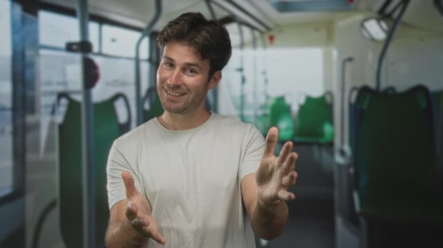 Man smiling and gesturing with open hands inside bus on street, pointing toward seats while wearing white tshirt; welcoming moment.
