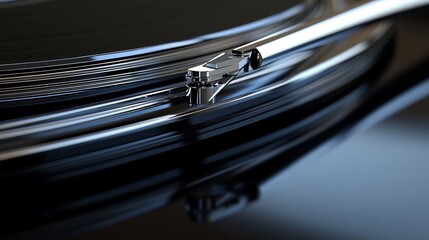 Stunning close-up captures the elegant motion of a turntable needle gliding across a glossy black vinyl record, evoking nostalgia and audio perfection.
