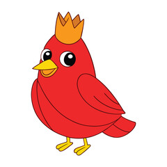 Smiling Red Cardinal Bird with Crown Cartoon Vector Icon Illustration, Cute Royal Bird Concept