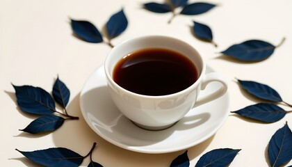 Porcelain Cup with Dark Liquid and Blue Leaves Closeup