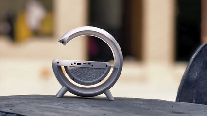 Sleek silver speaker with unique design on a stone surface in daylight