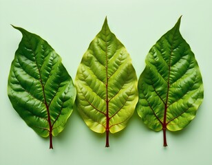 Closeup Green Leaves with Red Stems Plain Background