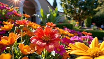 Vibrant Sunlit Garden with Colorful Flower Display