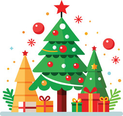 Three decorated Christmas trees with presents and festive ornaments