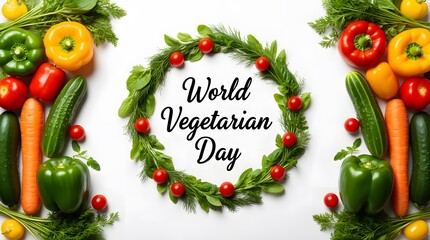 World vegetarian day celebrated with a vibrant wreath of fresh vegetables and fruits, including bell peppers, tomatoes, cucumbers, carrots, and cherries, on a clean white background