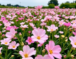 Fototapeta premium Serene Pink Flower Field with Soft Lighting