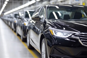 Fototapeta premium Close-up of glossy black sedans lined up on a factory floor under bright industrial lighting, ready for shipment.