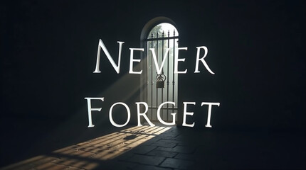 A poignant scene with the words never forget illuminated in front of a barred gate, bathed in light, symbolizing remembrance, reflection, and the enduring importance of history