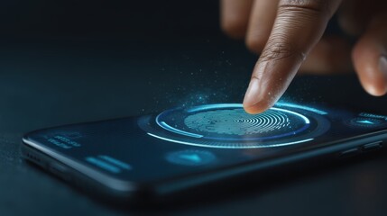 AI integrated fintech banking, A close-up of a finger interacting with a futuristic smartphone interface, a fingerprint recognition feature with glowing effects