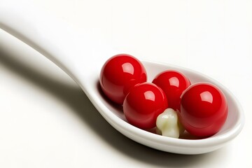 Fototapeta premium Red Spheres on White Spoon Culinary Still Life Photography