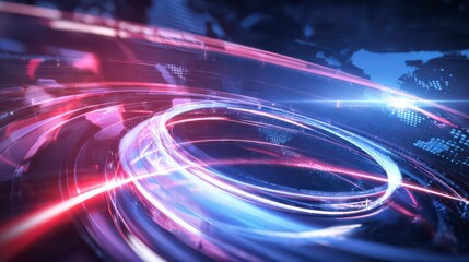 News Visual: Abstract digital composition of flowing light streaks and a world map, representing modern news and technological advancement.