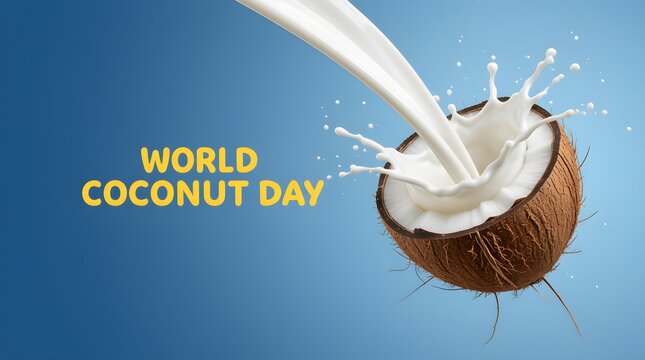World coconut day celebration with fresh coconut being poured with milk and splashing on a blue background, a healthy and tropical beverage concept