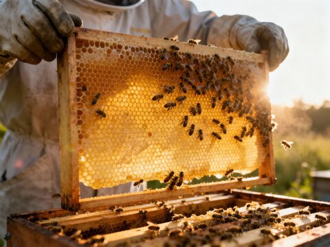 A beekeeper inspects a glowing honeycomb frame teeming with honeybees, backlit by the golden sunset.