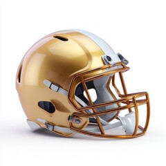 Fototapeta premium Shiny gold American football helmet with white stripe and metal facemask