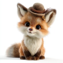 Obraz premium Adorable baby fox wearing a tiny brown hat sitting against a white background