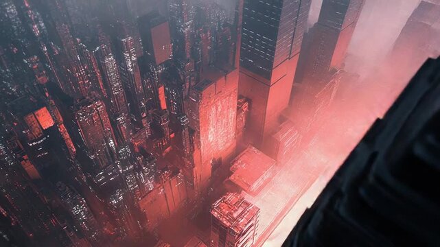 Futuristic dystopian cityscape with red glowing lights