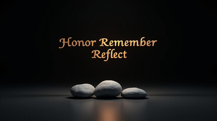 A poignant image featuring the words honor remember reflect in an elegant gold font, set against a dark background with three smooth stones, evoking a sense of peace and contemplation