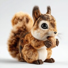 Obraz premium Adorable fluffy squirrel with large eyes holding a walnut against a white background