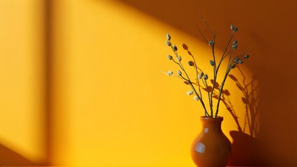 Yellow background with vase and plant casting a shadow on the wall in the sunlight © Raje