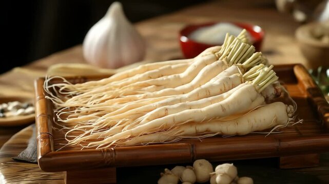 Dang Shen roots on a tray, accompanied by garlic and a bowl of powder