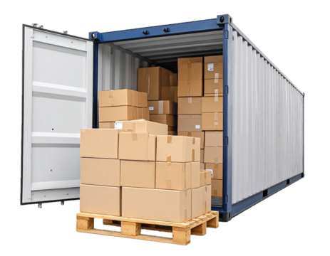 Open Shipping Container Loaded with Cardboard Boxes on Pallet Isolated on White Background