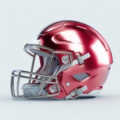 Fototapeta premium Shiny metallic red American football helmet with a metal facemask on a white background