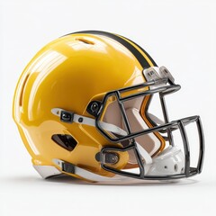 Fototapeta premium Yellow American football helmet with black stripes and face mask isolated on white