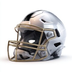 Fototapeta premium Detailed realistic digital illustration of a silver American football helmet with a gold facemask on a white background